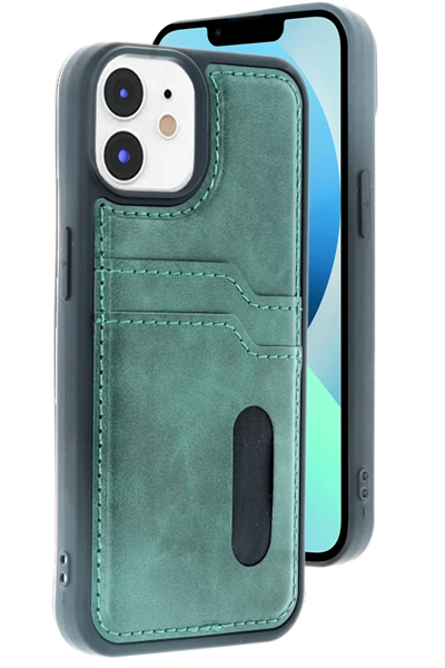 Apple iPhone 11 Kılıf Sara Kartvizitli Deri Kılıf - Koyu Yeşil