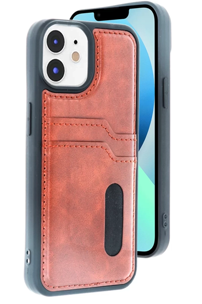 Apple iPhone 11 Kılıf Sara Kartvizitli Deri Kılıf - Taba