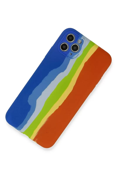 Apple iPhone 11 Pro Kılıf Ebruli Lansman Silikon - Mavi-Turuncu