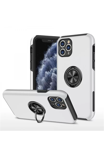 Apple iPhone 11 Pro Max Kılıf Elit Yüzüklü Kapak - Gümüş