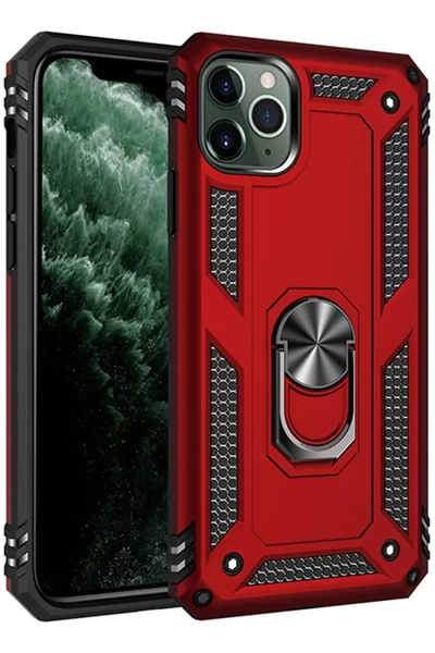 Apple iPhone 11 Pro Max Kılıf Sofya Yüzüklü Silikon Kapak - Kırmızı