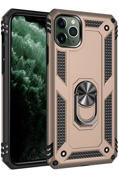 Apple iPhone 11 Pro Max Kılıf Sofya Yüzüklü Silikon Kapak - Gold