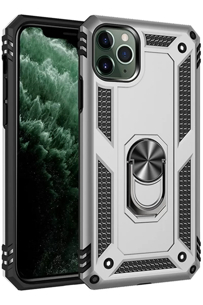 Apple iPhone 11 Pro Max Kılıf Sofya Yüzüklü Silikon Kapak - Gümüş