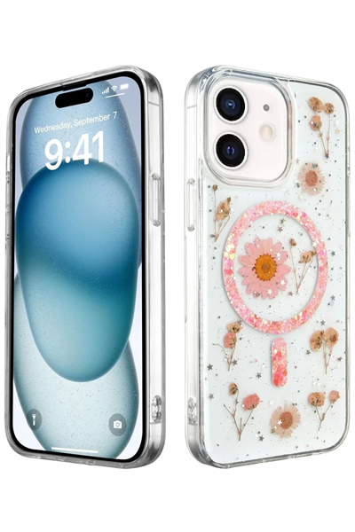 Apple iPhone 12 Kılıf Daisy Simli Magsafe Kapak - Pembe