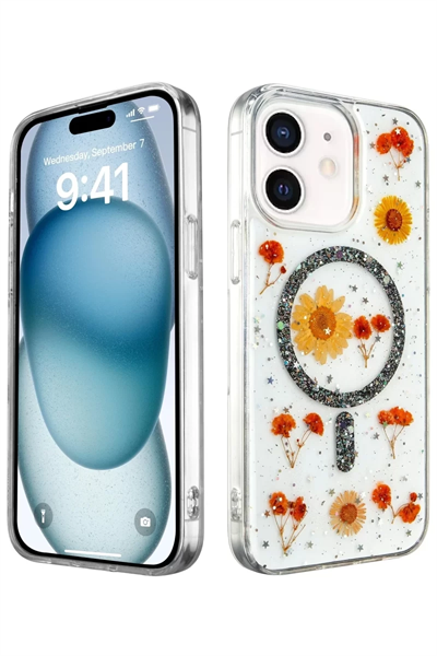 Apple iPhone 12 Kılıf Daisy Simli Magsafe Kapak - Siyah