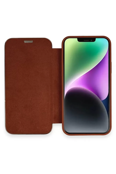 Apple iPhone 12 Kılıf Dolpin Kapaklı - Kahverengi