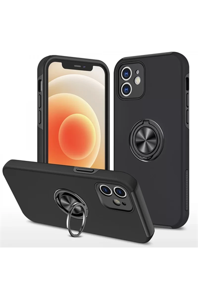 Apple iPhone 12 Kılıf Elit Yüzüklü Kapak - Siyah
