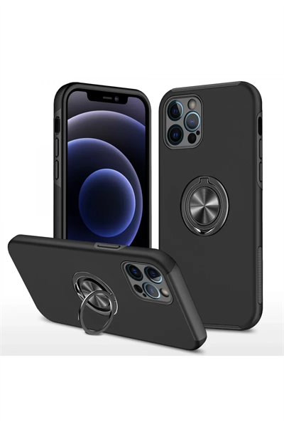 Apple iPhone 12 Pro Kılıf Elit Yüzüklü Kapak - Siyah