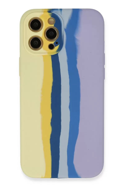 Apple iPhone 12 Pro Max Kılıf Ebruli Lansman Silikon - Sarı-Lila