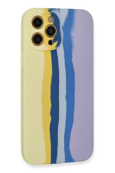 Apple iPhone 12 Pro Max Kılıf Ebruli Lansman Silikon - Sarı-Lila