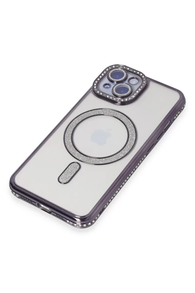 Apple iPhone 13 Kılıf Joke Simli Magneticsafe Kılıf - Derin Mor