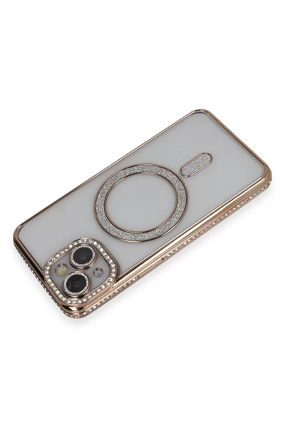 Apple iPhone 13 Kılıf Joke Simli Magneticsafe Kılıf - Gold