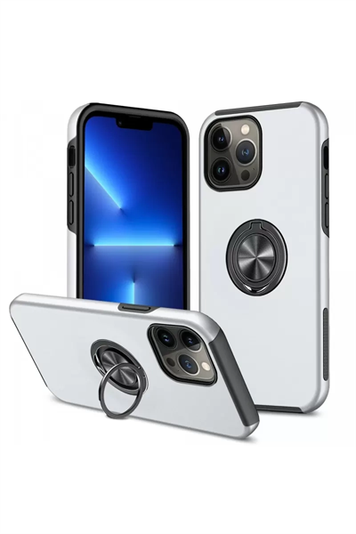 Apple iPhone 13 Pro Kılıf Elit Yüzüklü Kapak - Gümüş