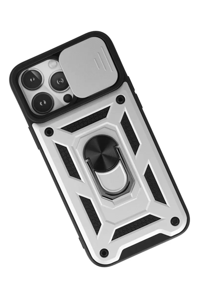 Apple iPhone 13 Pro Max Kılıf Pars Lens Yüzüklü Silikon - Gümüş