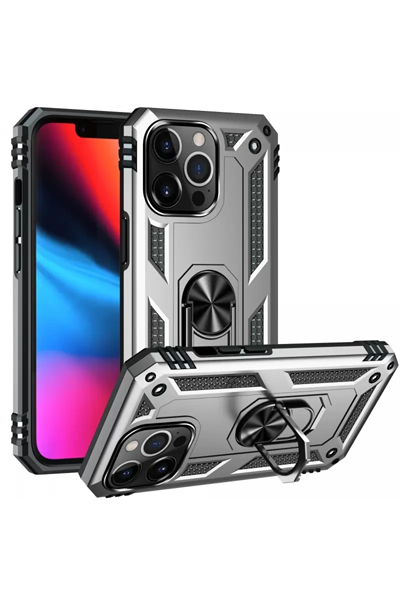 Apple iPhone 13 Pro Max Kılıf Sofya Yüzüklü Silikon Kapak - Gümüş