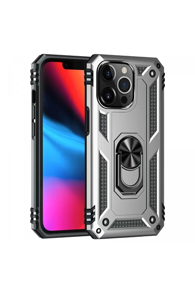 Apple iPhone 13 Pro Max Kılıf Sofya Yüzüklü Silikon Kapak - Gümüş