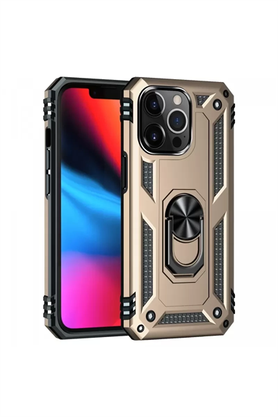 Apple iPhone 13 Pro Max Kılıf Sofya Yüzüklü Silikon Kapak - Gold