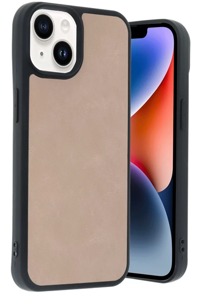 Apple iPhone 14 Kılıf Aras Deri Kapak - Pudra