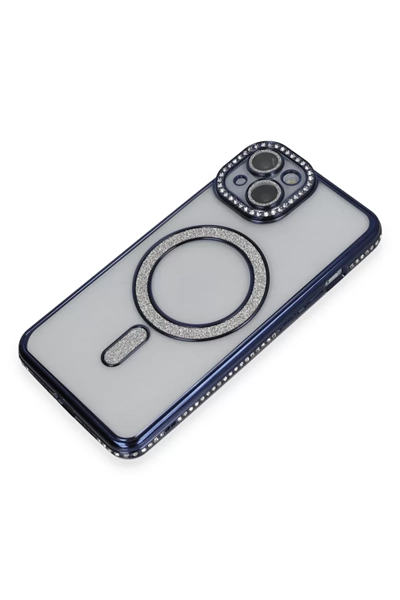 Apple iPhone 14 Kılıf Joke Simli Magneticsafe Kılıf - Lacivert