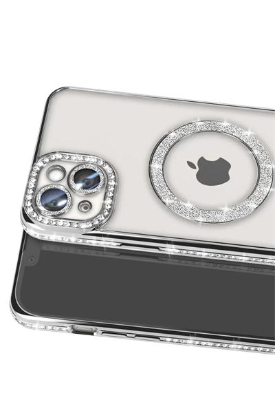 Apple iPhone 14 Kılıf Joke Simli Magneticsafe Kılıf - Gümüş
