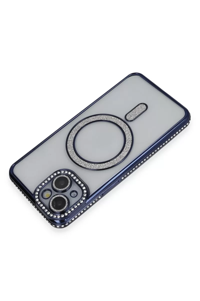 Apple iPhone 14 Kılıf Joke Simli Magneticsafe Kılıf - Lacivert