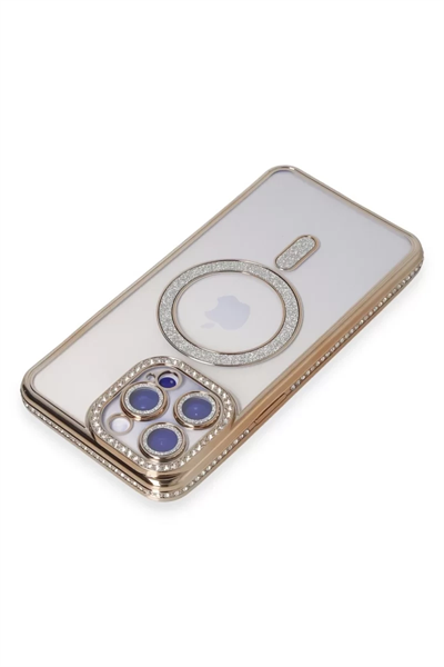 Apple iPhone 14 Pro Kılıf Joke Simli Magneticsafe Kılıf - Gold