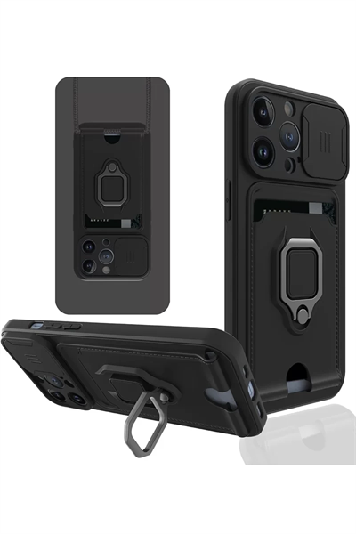 Apple iPhone 14 Pro Kılıf Zuma Kartvizitli Yüzüklü Silikon - Siyah