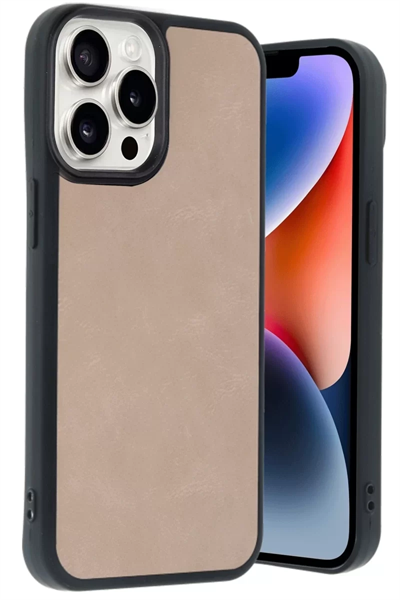 Apple iPhone 14 Pro Max Kılıf Aras Deri Kapak - Pudra
