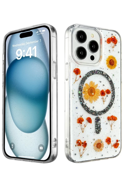 Apple iPhone 14 Pro Max Kılıf Daisy Simli Magsafe Kapak - Siyah