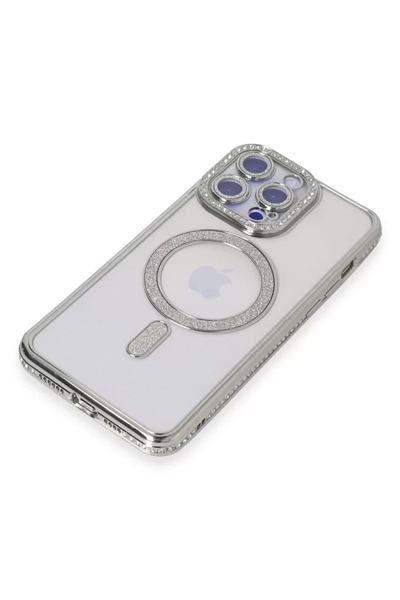 Apple iPhone 14 Pro Max Kılıf Joke Simli Magneticsafe Kılıf - Gümüş