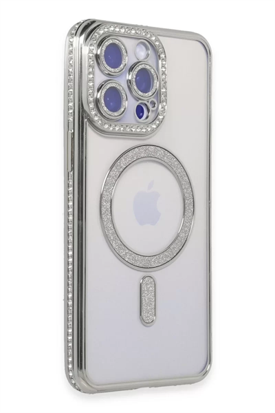 Apple iPhone 14 Pro Max Kılıf Joke Simli Magneticsafe Kılıf - Gümüş