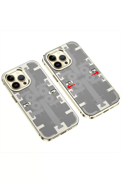 Apple iPhone 14 Pro Max Kılıf Mekanik Bumper Kapak - Gold