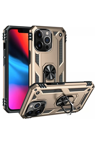 Apple iPhone 14 Pro Max Kılıf Sofya Yüzüklü Silikon Kapak - Gold