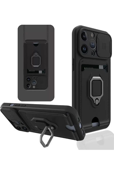 Apple iPhone 14 Pro Max Kılıf Zuma Kartvizitli Yüzüklü Silikon - Siyah