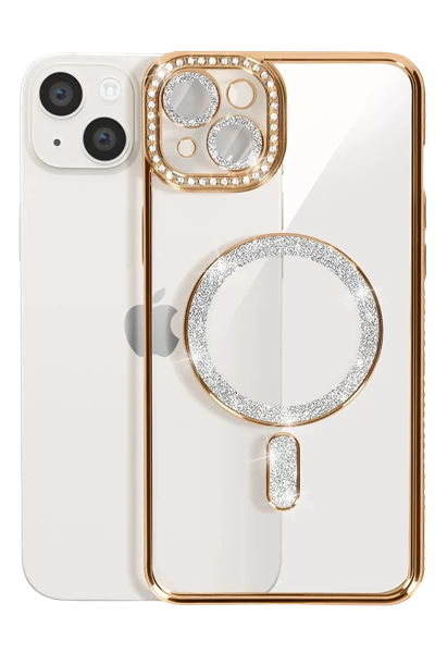 Apple iPhone 15 Kılıf Joke Simli Magneticsafe Kılıf - Gold