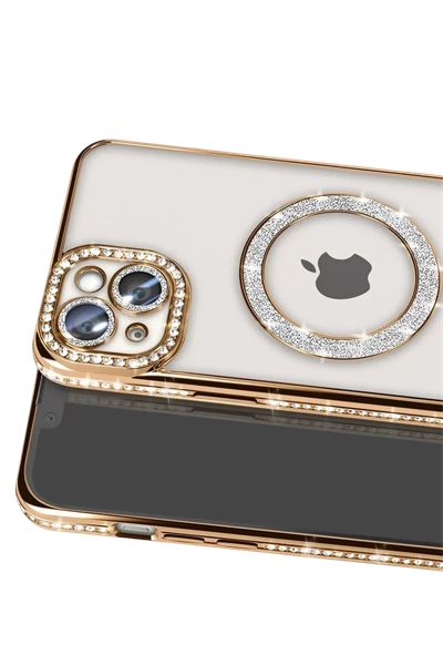 Apple iPhone 15 Kılıf Joke Simli Magneticsafe Kılıf - Gold