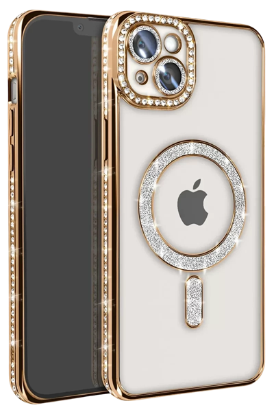 Apple iPhone 15 Kılıf Joke Simli Magneticsafe Kılıf - Gold