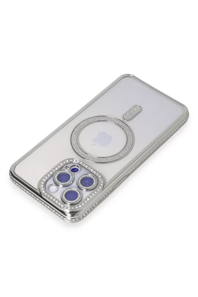 Apple iPhone 15 Pro Kılıf Joke Simli Magneticsafe Kılıf - Gümüş
