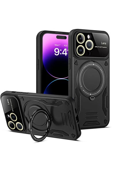 Apple iPhone 15 Pro Kılıf Joy Lens Standlı Kapak - Siyah
