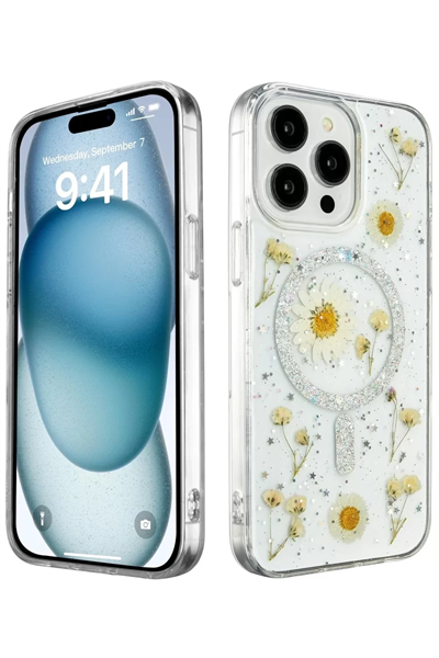 Apple iPhone 15 Pro Max Kılıf Daisy Simli Magsafe Kapak - Gümüş