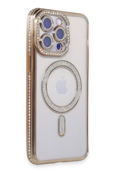 Apple iPhone 15 Pro Max Kılıf Joke Simli Magneticsafe Kılıf - Gold