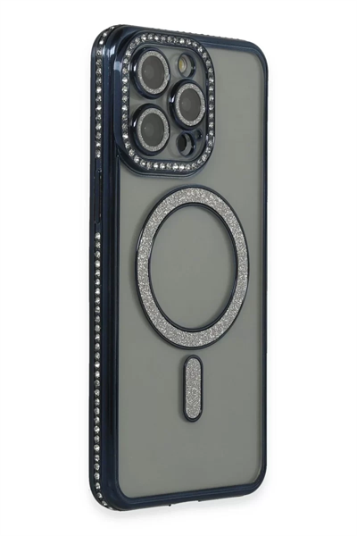 Apple iPhone 15 Pro Max Kılıf Joke Simli Magneticsafe Kılıf - Lacivert