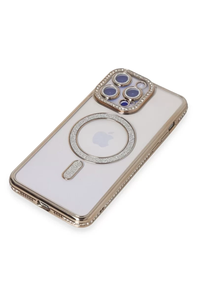 Apple iPhone 15 Pro Max Kılıf Joke Simli Magneticsafe Kılıf - Gold
