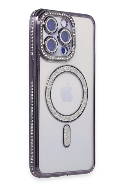 Apple iPhone 15 Pro Max Kılıf Joke Simli Magneticsafe Kılıf - Derin Mor