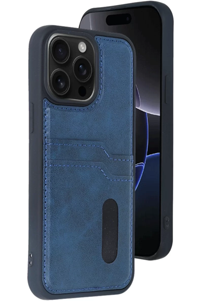 Apple iPhone 15 Pro Max Kılıf Sara Kartvizitli Deri Kılıf - Lacivert