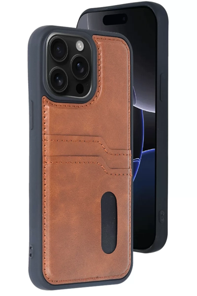 Apple iPhone 15 Pro Max Kılıf Sara Kartvizitli Deri Kılıf - Taba