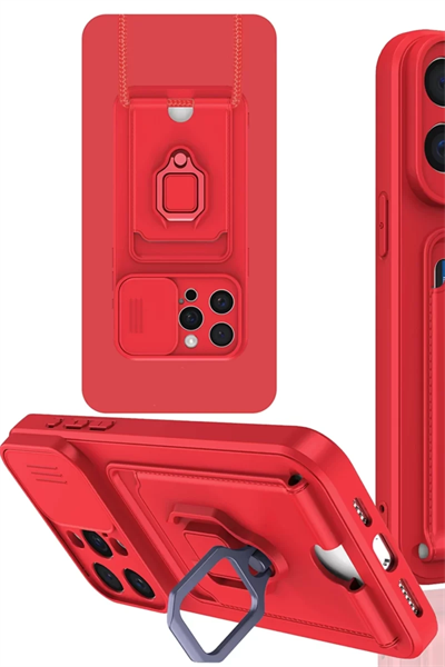 Apple iPhone 15 Pro Max Kılıf Zuma Kartvizitli Yüzüklü Silikon - Kırmızı