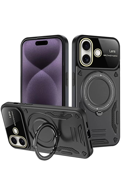 Apple iPhone 16 Kılıf Joy Lens Standlı Kapak - Siyah