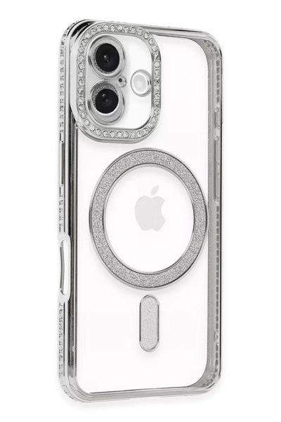 Apple iPhone 16 Plus Kılıf Joke Simli Magneticsafe Kılıf - Gümüş