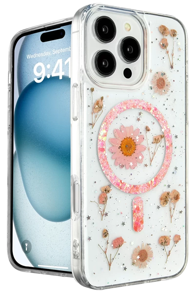 Apple iPhone 16 Pro Kılıf Daisy Simli Magsafe Kapak - Pembe